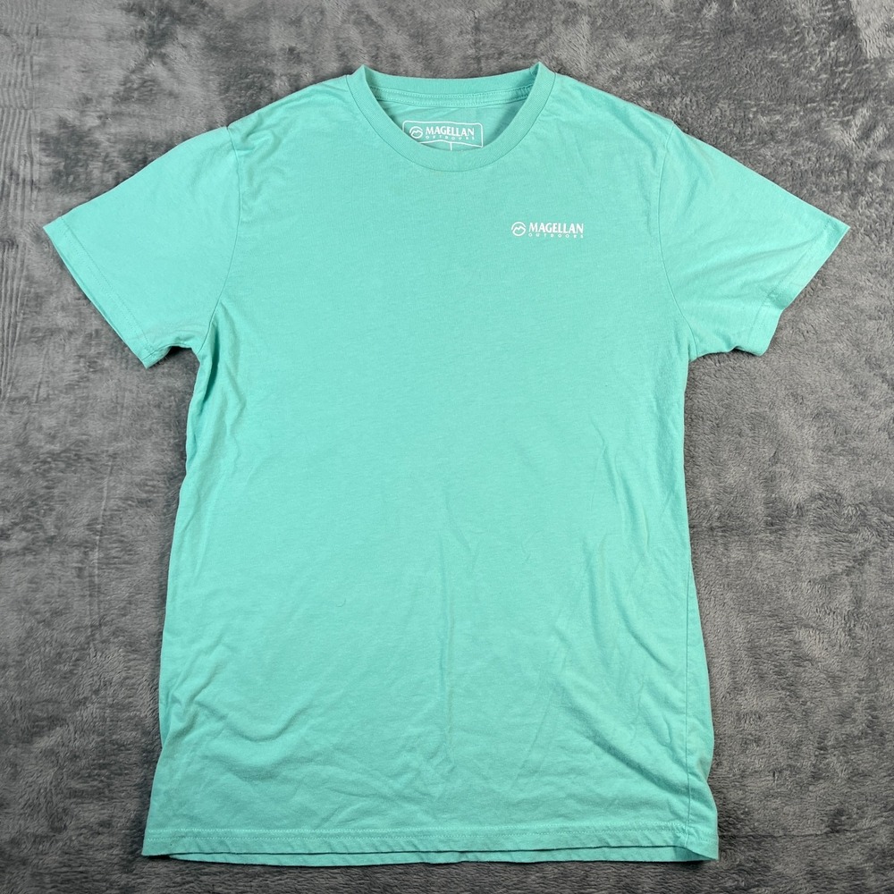 Magellan Outdoors T Shirt Womens Medium Teal Floral Crooked Graphic Logo Cotton